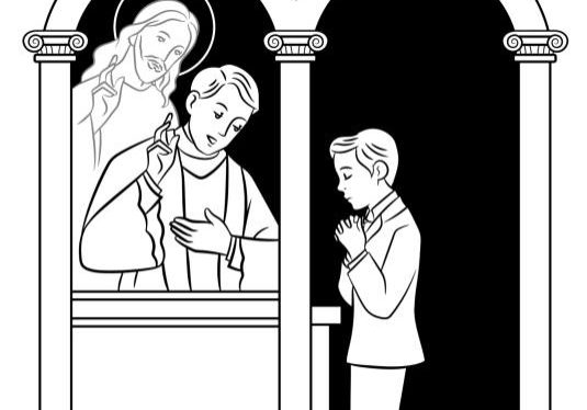 Black and white vector line art of boy receiving the sacrament of penance